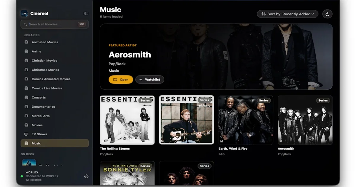 CineReel on a Mac, browsing a music library held on the viewer's own media server.